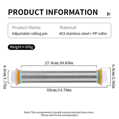 13.78 Inch Stainless Steel Adjustable Rolling Pin with 4 Thickness Removable Rings Dough Roller for Pizza Cookie Baking Tools