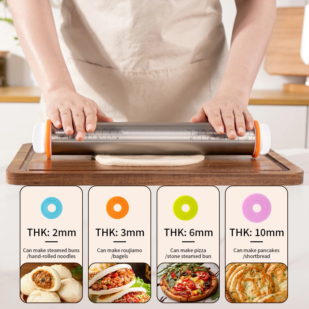 13.78 Inch Stainless Steel Adjustable Rolling Pin with 4 Thickness Removable Rings Dough Roller for Pizza Cookie Baking Tools