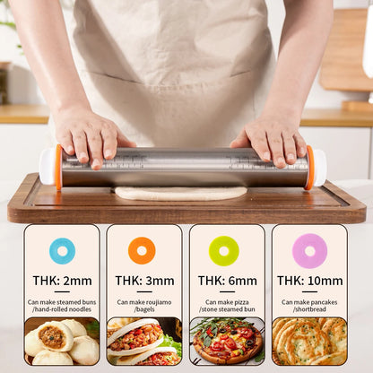 13.78 Inch Stainless Steel Adjustable Rolling Pin with 4 Thickness Removable Rings Dough Roller for Pizza Cookie Baking Tools
