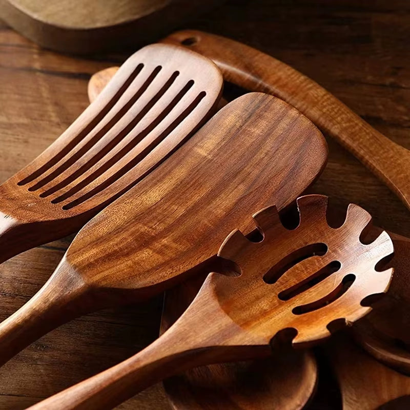 Thailand Teak Natural Wood Tableware Spoon Ladle Turner Long Rice Colander Soup Skimmer Cooking Spoons Scoop Kitchen Tool Set