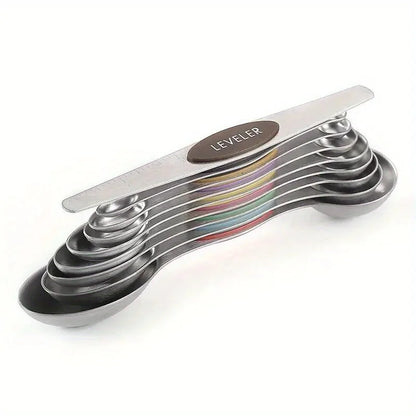 Stainless Steel Double Headed Measuring Spoon 9-Piece Set with Magnetic Suction and Scale Measuring Spoon Baking Tool