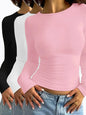 Women'S Solid round Neck Long Sleeve Slim Fitted Tee, Casual Minimalist Basic Style T-Shirt for Daily Wear, Ladies Clothes for All Seasons, Cute Tops, Women'S T Shirts, Womenswear, Everyday Tshirt, Fabric