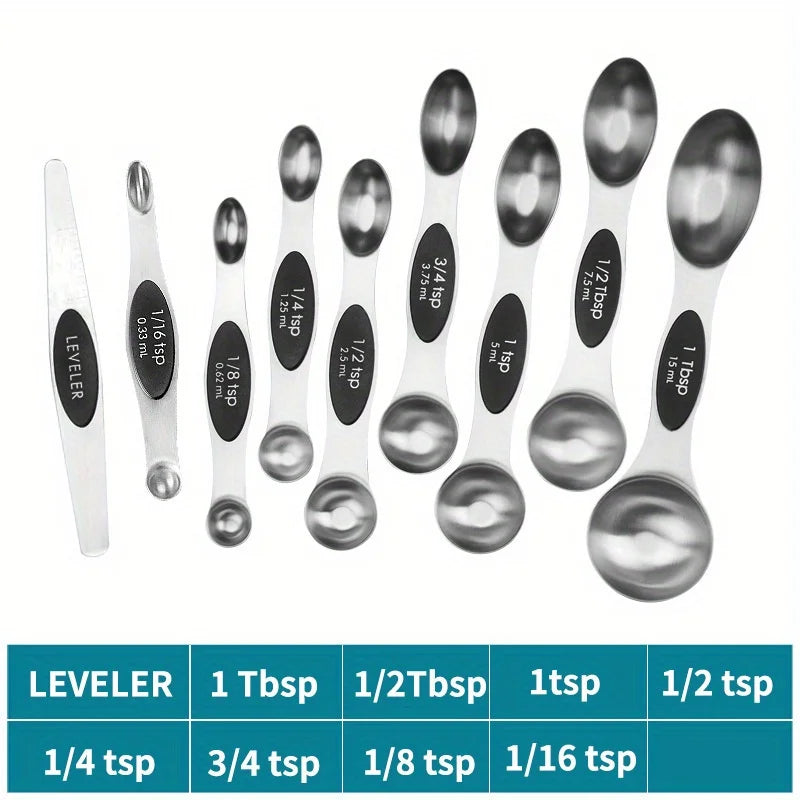 Stainless Steel Double Headed Measuring Spoon 9-Piece Set with Magnetic Suction and Scale Measuring Spoon Baking Tool