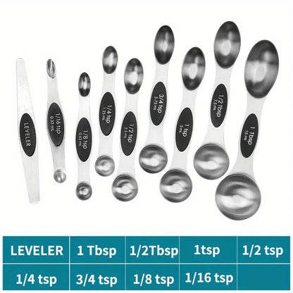Stainless Steel Double Headed Measuring Spoon 9-Piece Set with Magnetic Suction and Scale Measuring Spoon Baking Tool