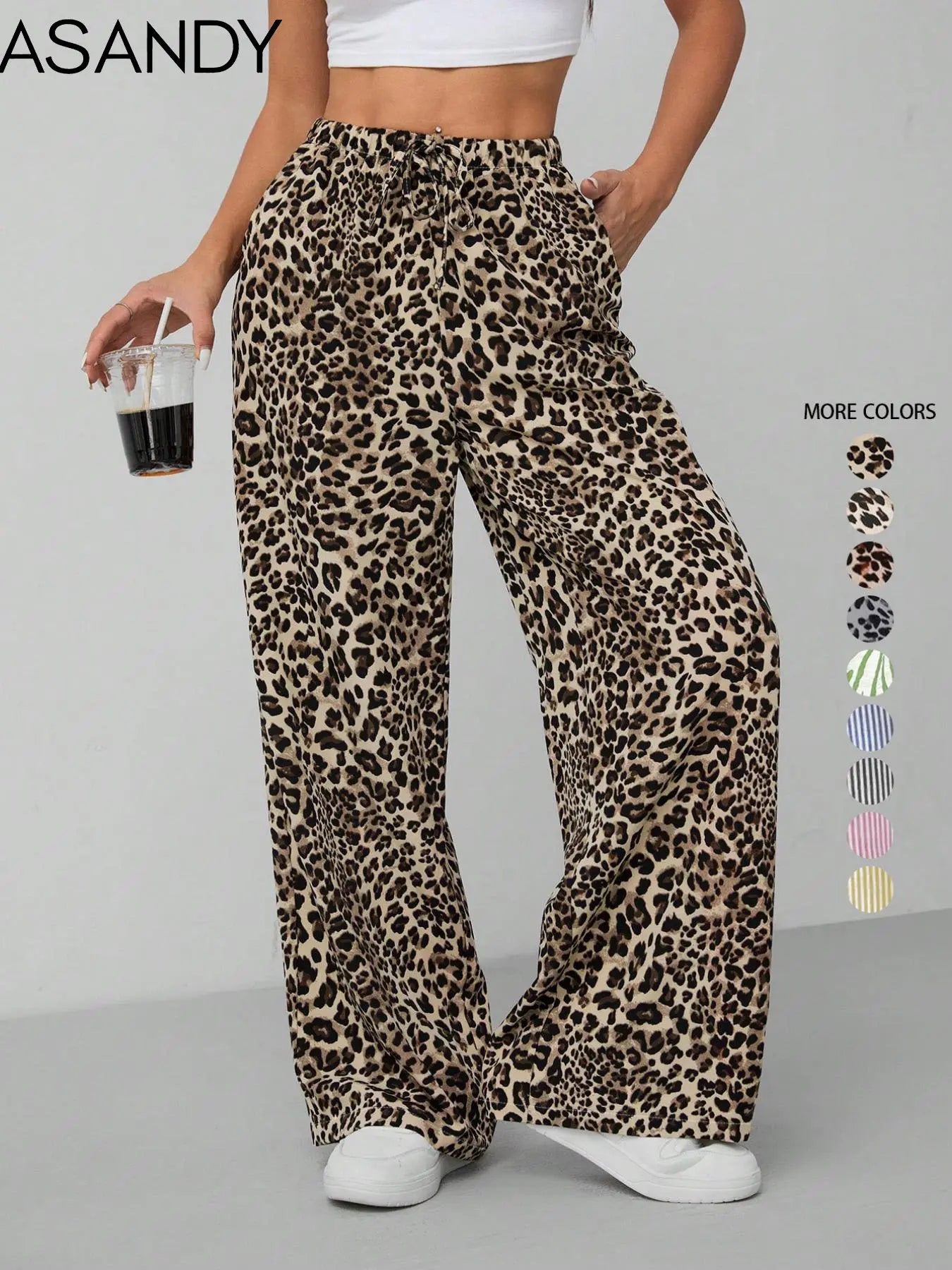 Women'S Leopard Print Tie Front Pocket Wide Leg Pants, Casual Comfy Straight Leg Trousers for Daily Wear, Ladies Bottoms for All Seasons, Womenswear