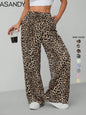 Women'S Leopard Print Tie Front Pocket Wide Leg Pants, Casual Comfy Straight Leg Trousers for Daily Wear, Ladies Bottoms for All Seasons, Womenswear