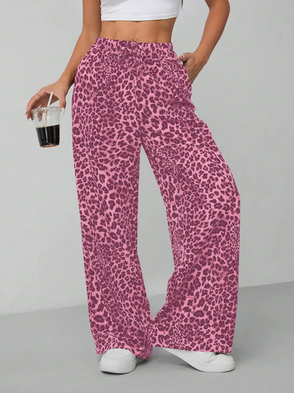 Women'S Leopard Print Tie Front Pocket Wide Leg Pants, Casual Comfy Straight Leg Trousers for Daily Wear, Ladies Bottoms for All Seasons, Womenswear