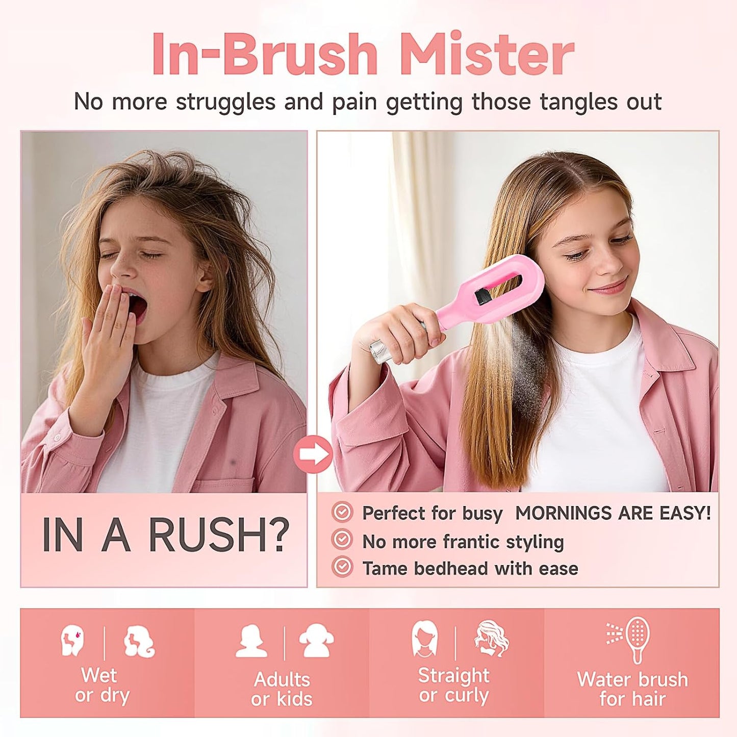 Hairbrush Mister - Hair Mist Sprayer Brush, 2 in 1 Portable Hair Brush with Water Spray for Detangling and Styling