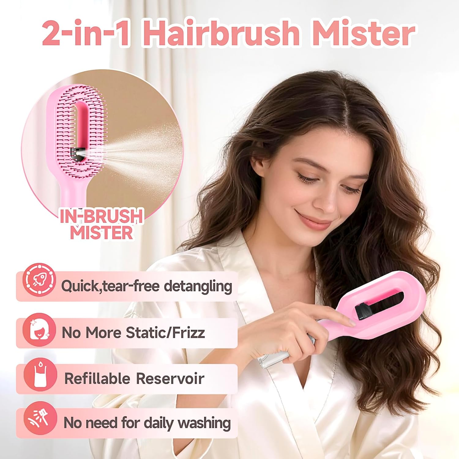 Hairbrush Mister - Hair Mist Sprayer Brush, 2 in 1 Portable Hair Brush with Water Spray for Detangling and Styling