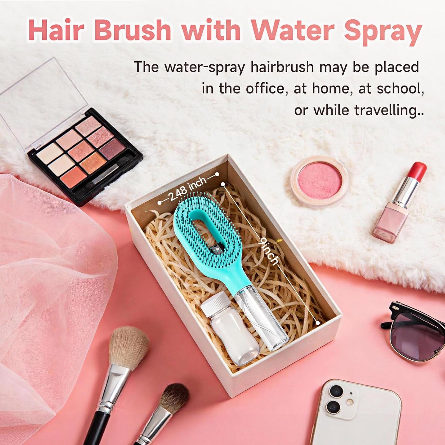 Hairbrush Mister - Hair Mist Sprayer Brush, 2 in 1 Portable Hair Brush with Water Spray for Detangling and Styling