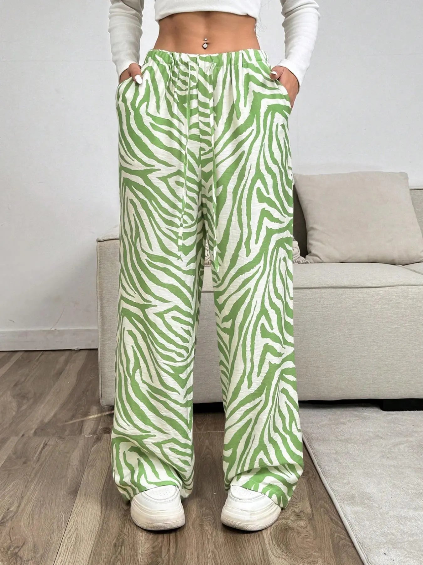 Women'S Leopard Print Tie Front Pocket Wide Leg Pants, Casual Comfy Straight Leg Trousers for Daily Wear, Ladies Bottoms for All Seasons, Womenswear