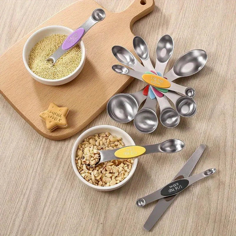 Stainless Steel Double Headed Measuring Spoon 9-Piece Set with Magnetic Suction and Scale Measuring Spoon Baking Tool