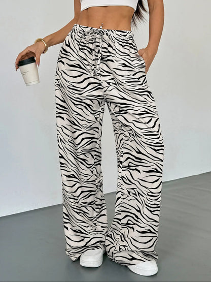 Women'S Leopard Print Tie Front Pocket Wide Leg Pants, Casual Comfy Straight Leg Trousers for Daily Wear, Ladies Bottoms for All Seasons, Womenswear