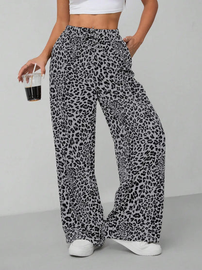 Women'S Leopard Print Tie Front Pocket Wide Leg Pants, Casual Comfy Straight Leg Trousers for Daily Wear, Ladies Bottoms for All Seasons, Womenswear