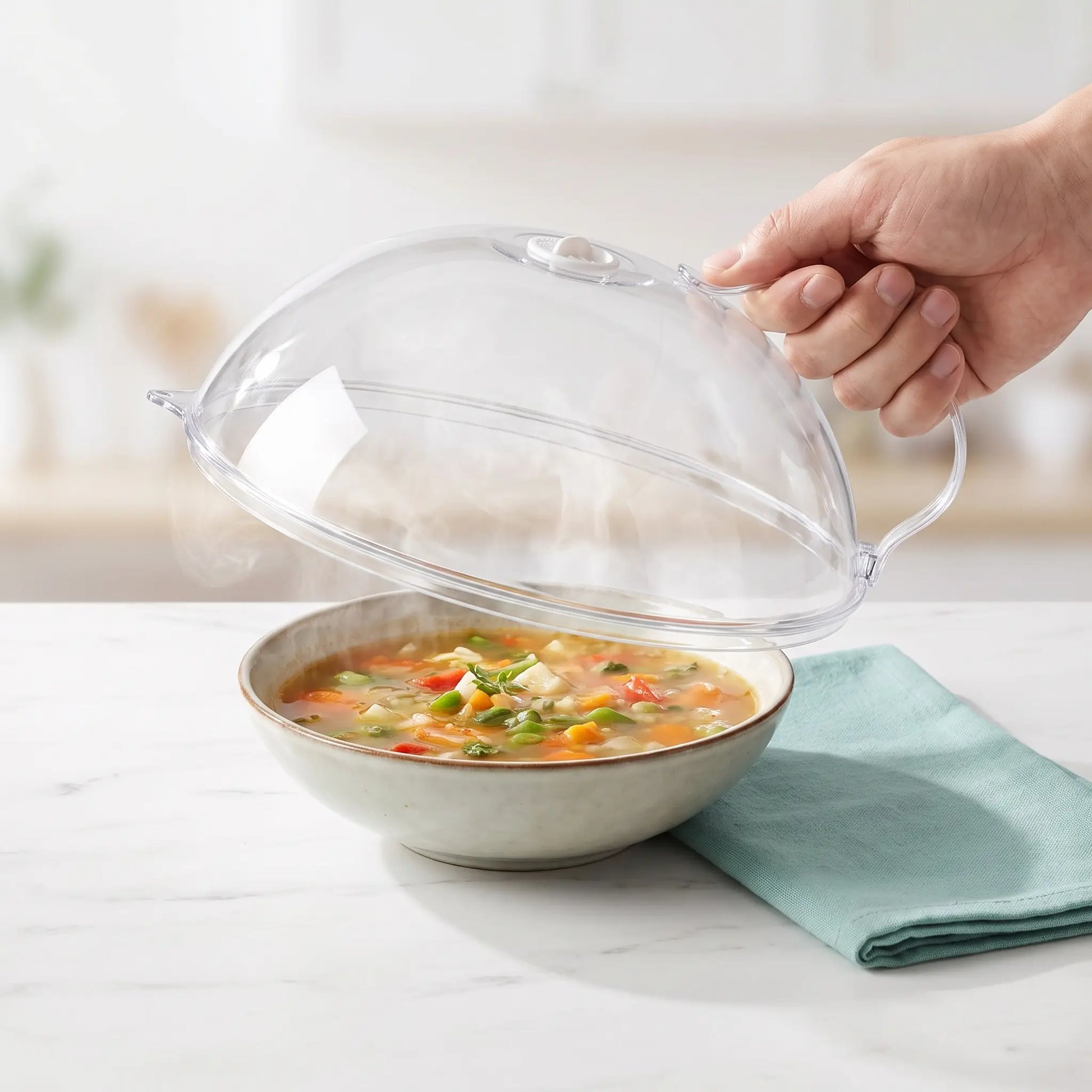 【Summer Sale Deals】Transparent Microwave Splatter Cover with Steam Vent & Handle, 31Cm Dustproof Clear Food Plate Cover for Kitchen Heating