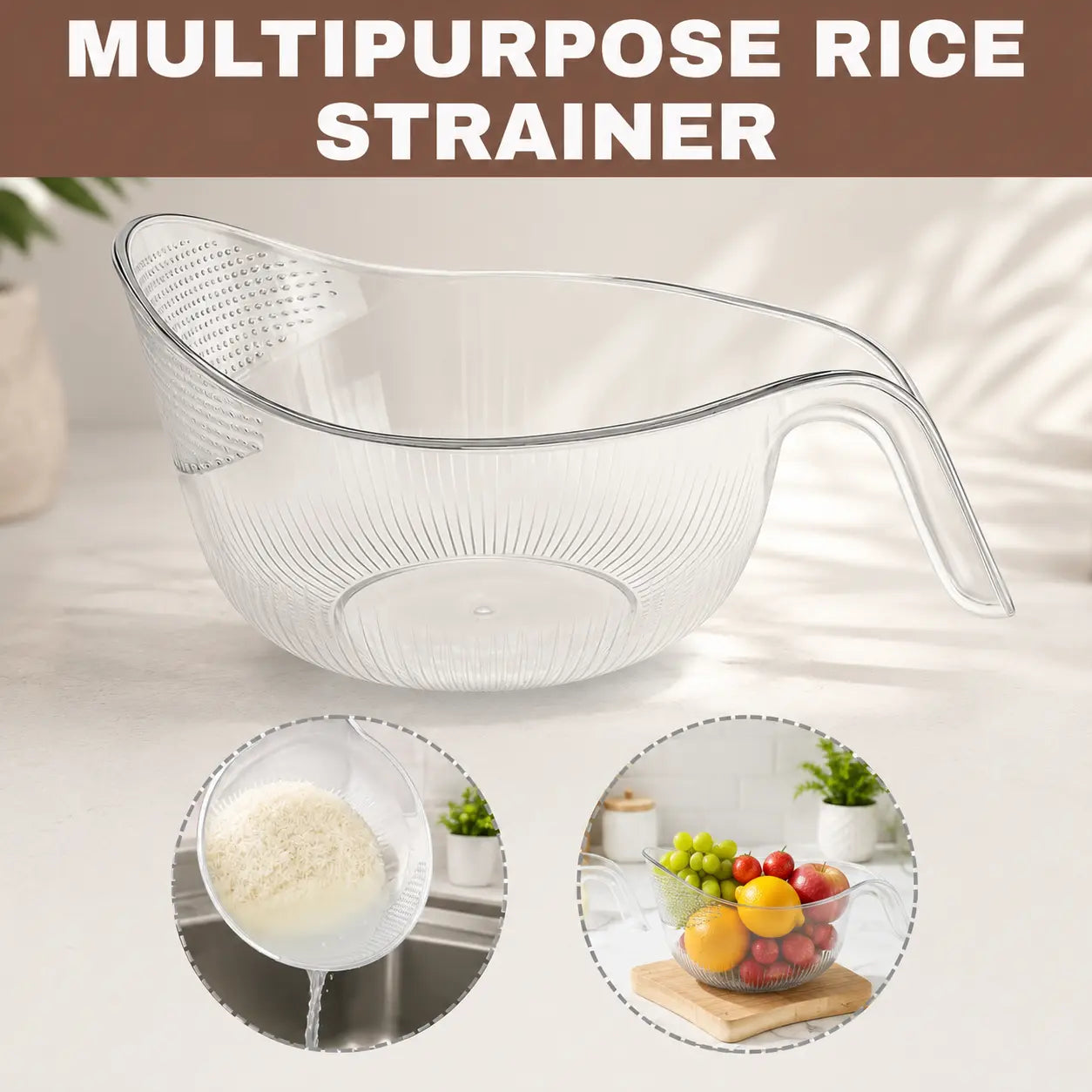 Elevate Your Kitchen with the Aesthetic Multifunctional Rice Strainer – Sturdy, BPA-Free Colander for Effortless Draining of Rice, Vegetables, and More!