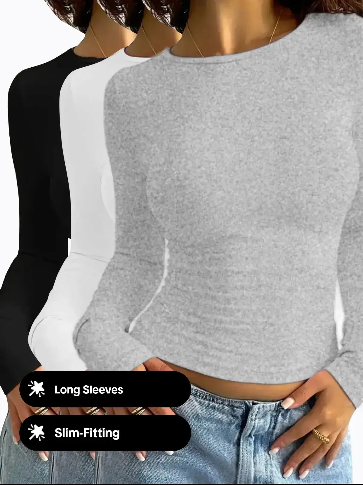 Women'S Solid round Neck Long Sleeve Slim Fitted Tee, Casual Minimalist Basic Style T-Shirt for Daily Wear, Ladies Clothes for All Seasons, Cute Tops, Women'S T Shirts, Womenswear, Everyday Tshirt, Fabric