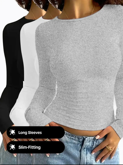 Women'S Solid round Neck Long Sleeve Slim Fitted Tee, Casual Minimalist Basic Style T-Shirt for Daily Wear, Ladies Clothes for All Seasons, Cute Tops, Women'S T Shirts, Womenswear, Everyday Tshirt, Fabric