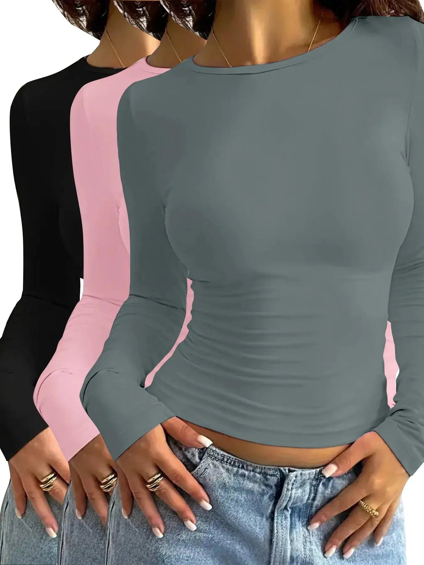 Women'S Solid round Neck Long Sleeve Slim Fitted Tee, Casual Minimalist Basic Style T-Shirt for Daily Wear, Ladies Clothes for All Seasons, Cute Tops, Women'S T Shirts, Womenswear, Everyday Tshirt, Fabric